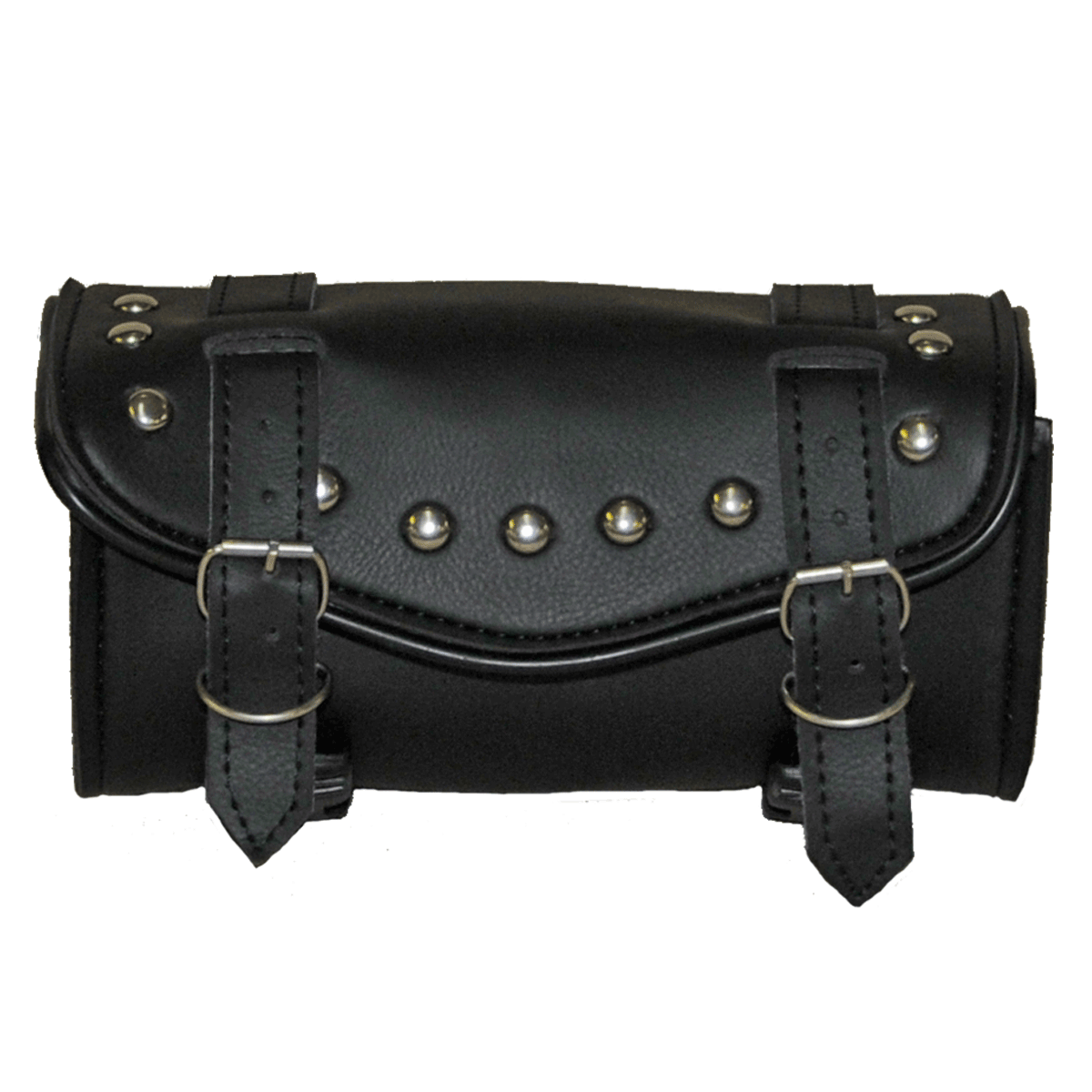 A Vance Leather Hard Shell 2 Strap Studded Tool Bag with V-Shaped Flap, featuring quick-release buckle closures and two buckle straps on the front.