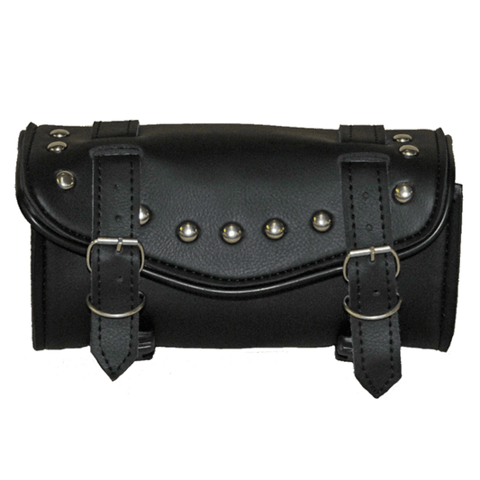 A Vance Leather Hard Shell 2 Strap Studded Tool Bag with V-Shaped Flap, featuring quick-release buckle closures and two buckle straps on the front.