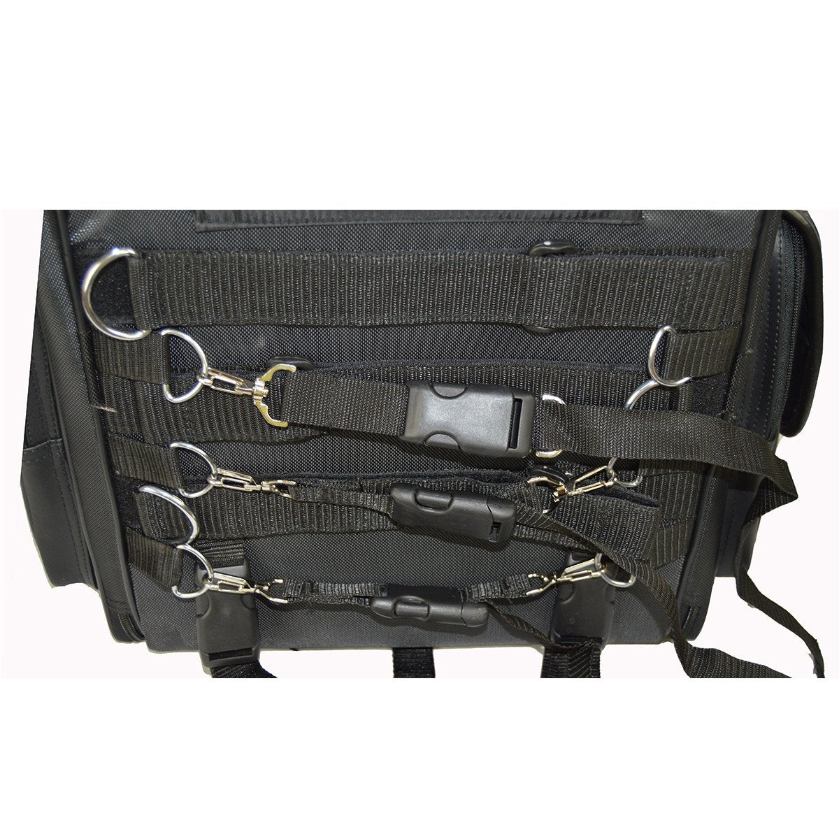 Close-up of the Vance Leather Large Textile 2-Piece Travel Bag/Back Pack, featuring multiple straps, buckles, and metal D-rings arranged horizontally, crafted from durable black nylon and adorned with studs.