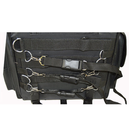 Close-up of the Vance Leather Large Textile 2-Piece Travel Bag/Back Pack, featuring multiple straps, buckles, and metal D-rings arranged horizontally, crafted from durable black nylon and adorned with studs.