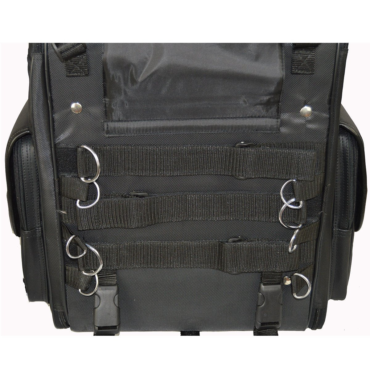 The Vance Leather Large Textile 2-Piece Travel Bag/Back Pack in black is meticulously crafted from durable nylon, featuring multiple straps, buckles, and metal loops on the front—perfectly designed as a motorcycle bag for attaching additional gear.