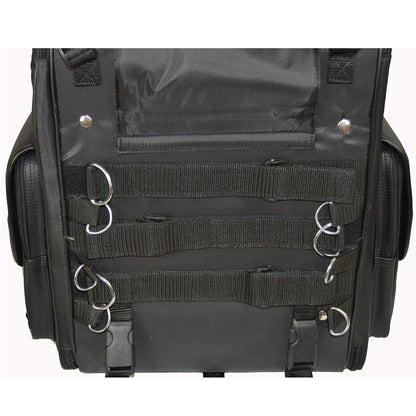 The Vance Leather Large Textile 2-Piece Travel Bag/Back Pack in black is meticulously crafted from durable nylon, featuring multiple straps, buckles, and metal loops on the front—perfectly designed as a motorcycle bag for attaching additional gear.