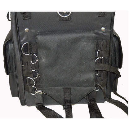 Close-up of a Vance Leather Large Textile 2-Piece Travel Bag/Back Pack, Studded, in black, made from durable nylon with multiple buckles, straps, and loops, including a carabiner clip attached to one of the loops.