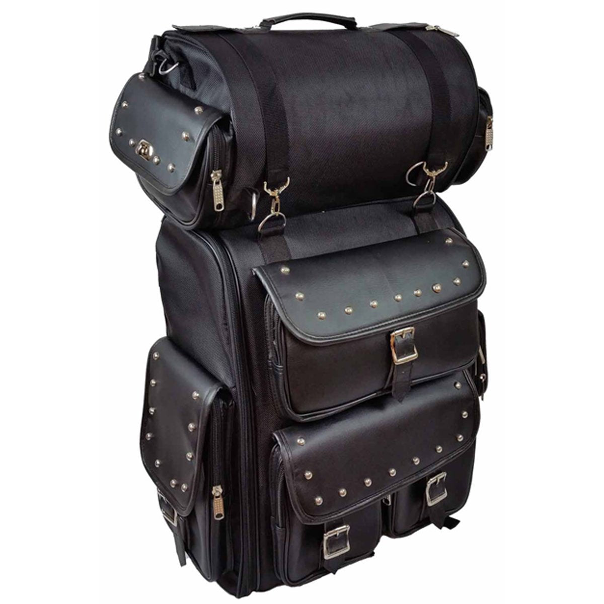 The Vance Leather Large Textile 2-Piece Travel Bag/Back Pack, Studded, is a spacious black motorcycle tail bag featuring multiple compartments, leather flaps with metal studs, an adjustable mounting rig for secure attachment, and is crafted from durable nylon.