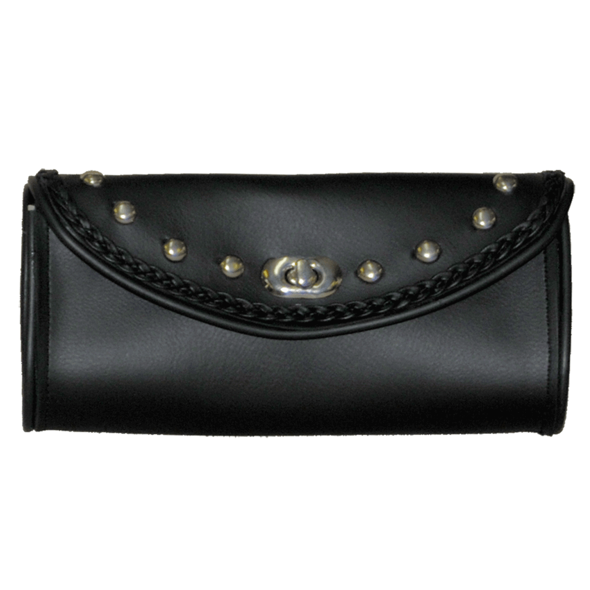 The Vance Leather Braid and Stud Design Windshield Bag is a sleek motorcycle accessory featuring a black leather finish, braided trim, metal studs, and a silver clasp in the center.