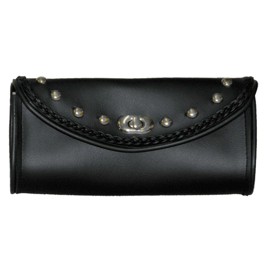 The Vance Leather Braid and Stud Design Windshield Bag is a sleek motorcycle accessory featuring a black leather finish, braided trim, metal studs, and a silver clasp in the center.