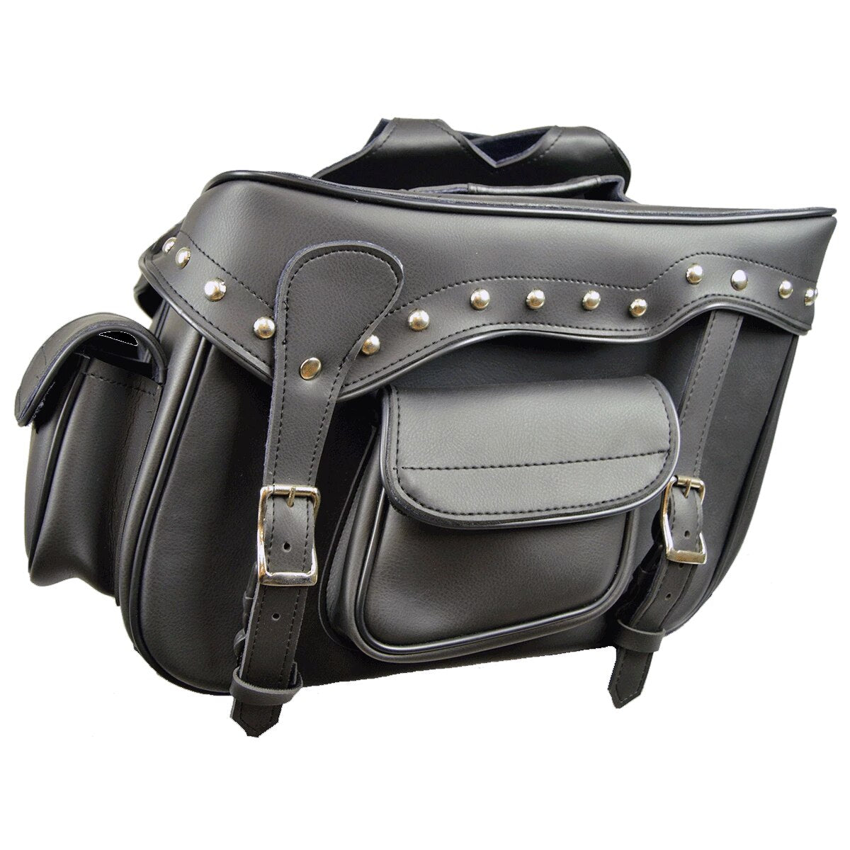 Vance Leather Black Studded Saddle Bag with 2 Outside Pockets