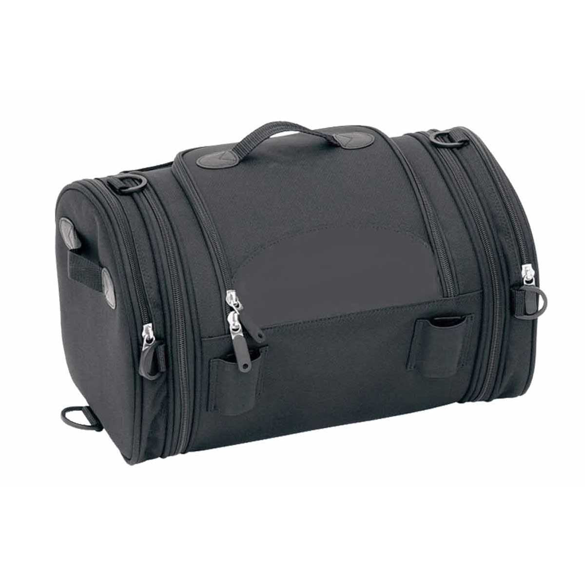 The Vance Leather Expandable Trunk Bag W/Faux Leather Trim features faux leather trim and sissy bar straps for added style, while also being constructed with durable Cordura fabric.