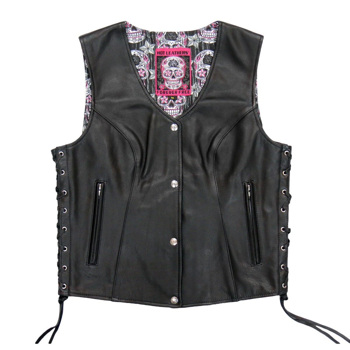 The Hot Leathers Women's Sugar Skull Lined Vest With Concealed Carry Pockets is a black leather vest crafted from premium naked cowhide leather. It features metal snap buttons, side lace-up details, and two zippered pockets. The inner lining showcases a colorful skull pattern and it includes a full back panel.