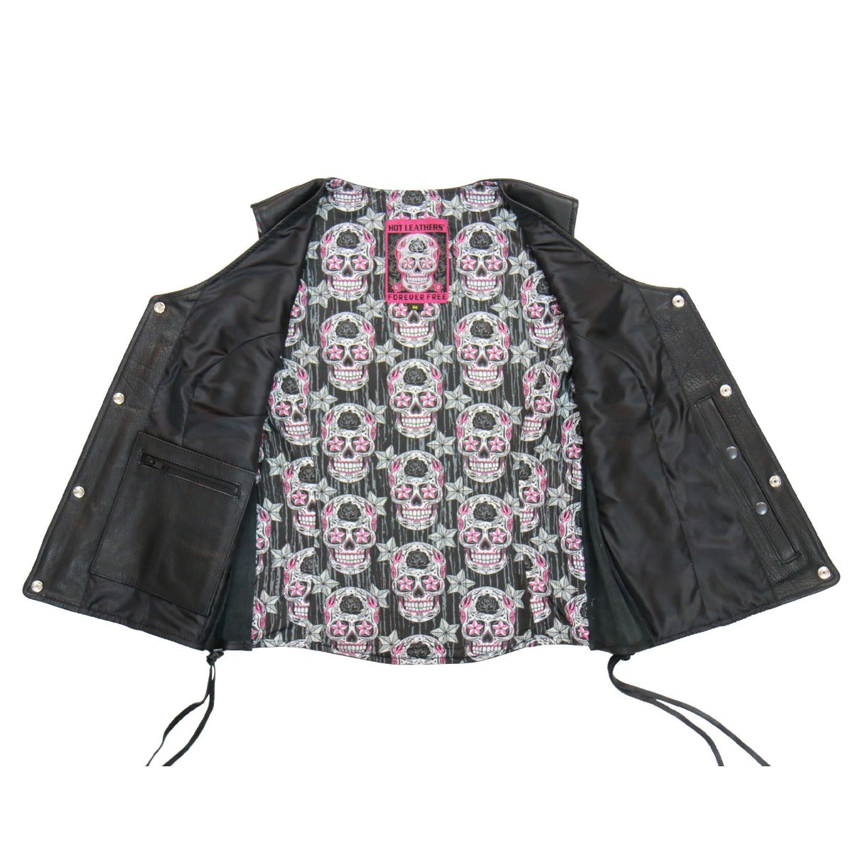 The Hot Leathers Women's Sugar Skull Lined Vest With Concealed Carry Pockets is crafted from premium naked cowhide leather and features an open front that reveals an interior lining patterned with black, white, and pink skulls. The vest includes side strings, snap button details, a full back panel, and a conceal carry pocket for added functionality.