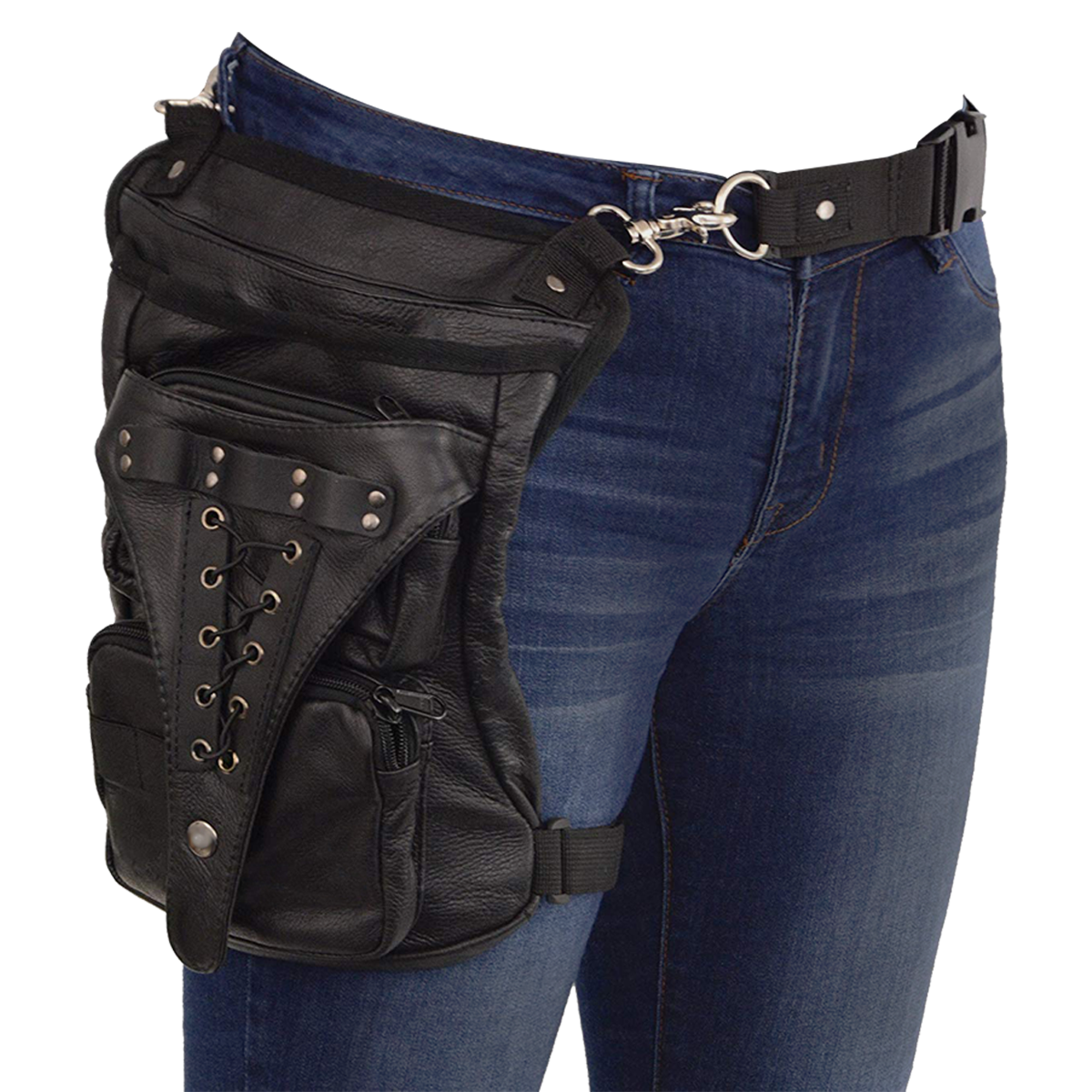 Vance Black Carry Leather Thigh Bag with Waist Belt