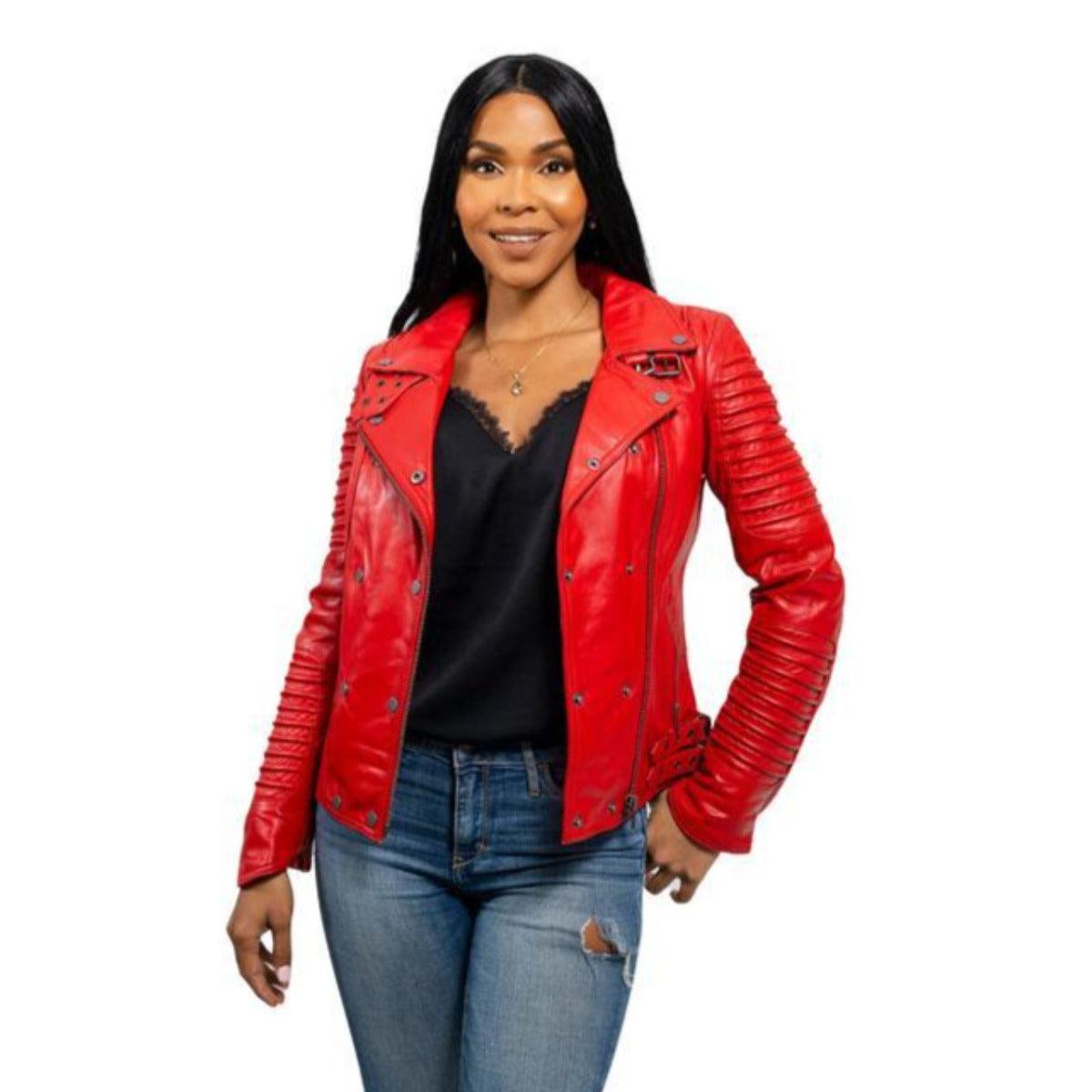 First Manufacturing Queens - Women's Fashion Lambskin Leather Jacket, Fire Red - American Legend Rider