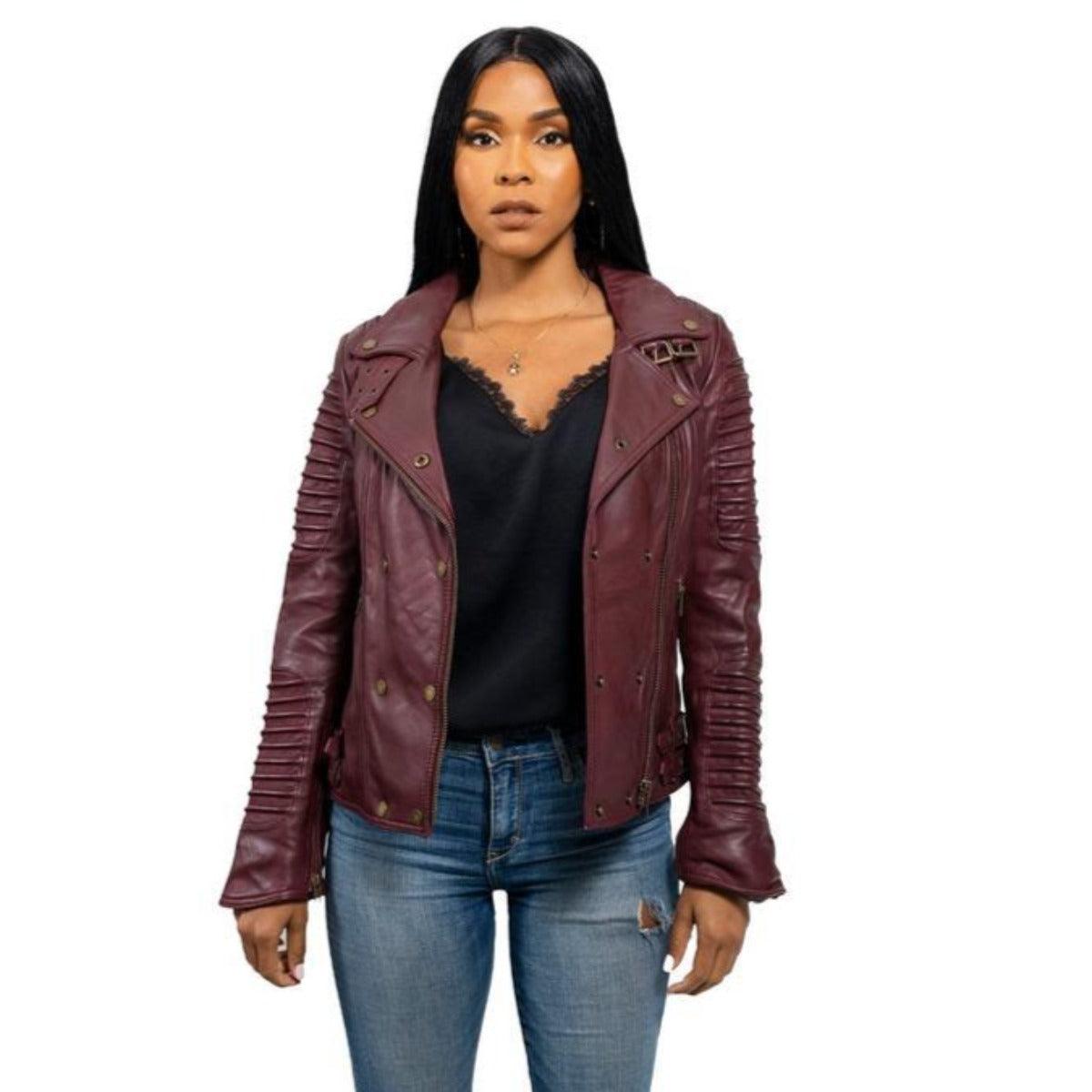 First Manufacturing Queens - Women's Fashion Lambskin Leather Jacket, Oxblood - American Legend Rider