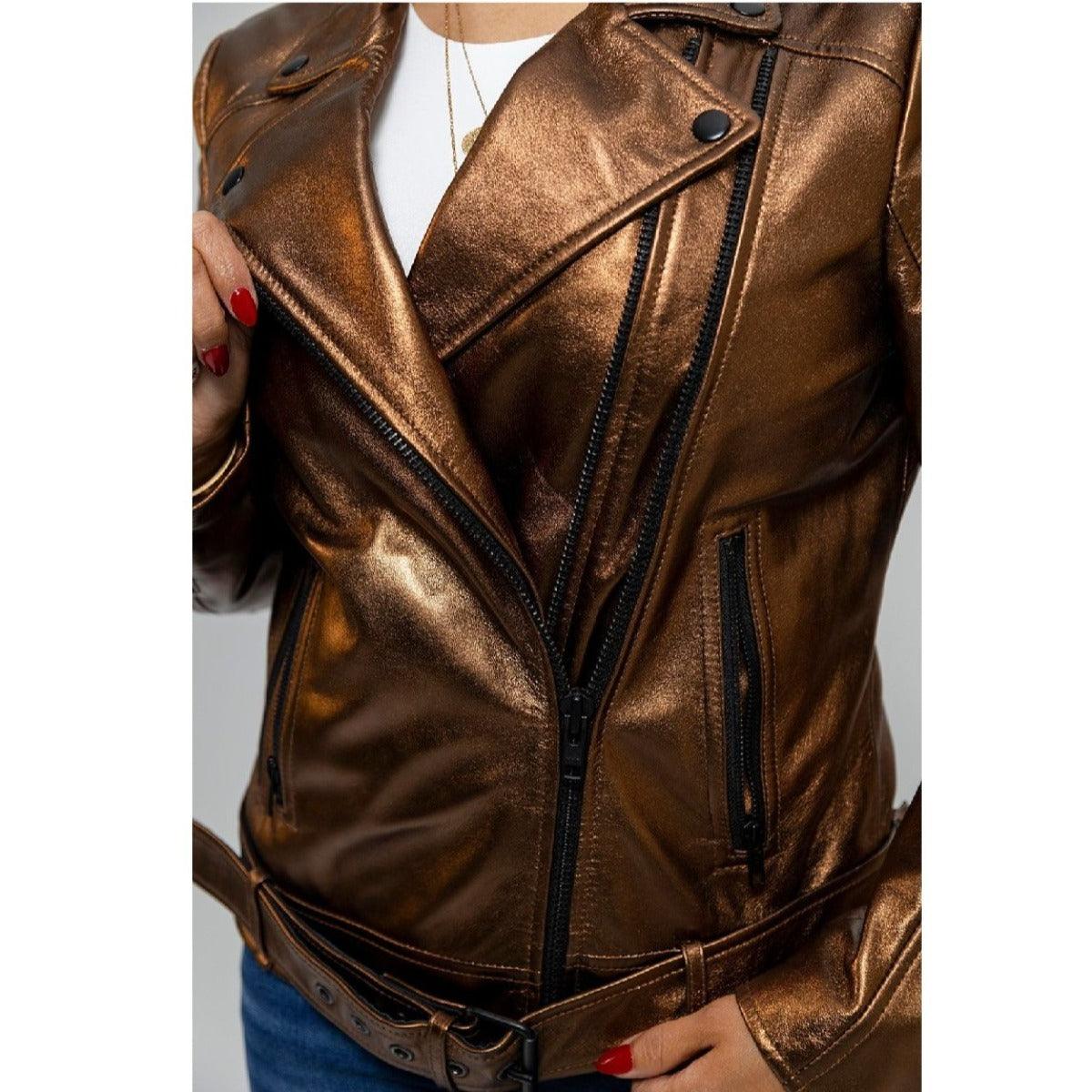 First Manufacturing Hazel - Women's Lambskin Leather Jacket, Bronze - American Legend Rider