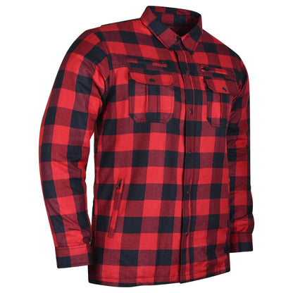 The Vance Leather Riding Shirt, featuring a red and black checkered pattern in long-sleeve cotton flannel, includes a buttoned front, collar, and two chest pockets, combining style with protective features such as waterproof zippers and optional C.E. armor.