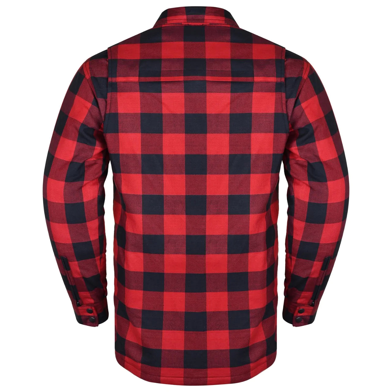 Photographed from the back, the Vance Leather Riding Shirts with Waterproof Zippers & Optional C.E. Armor showcase a red and black checkered long-sleeve cotton flannel design, complete with button-down features and built-in protective elements.