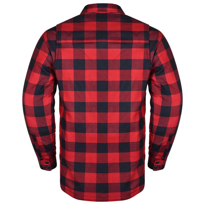 Photographed from the back, the Vance Leather Riding Shirts with Waterproof Zippers & Optional C.E. Armor showcase a red and black checkered long-sleeve cotton flannel design, complete with button-down features and built-in protective elements.