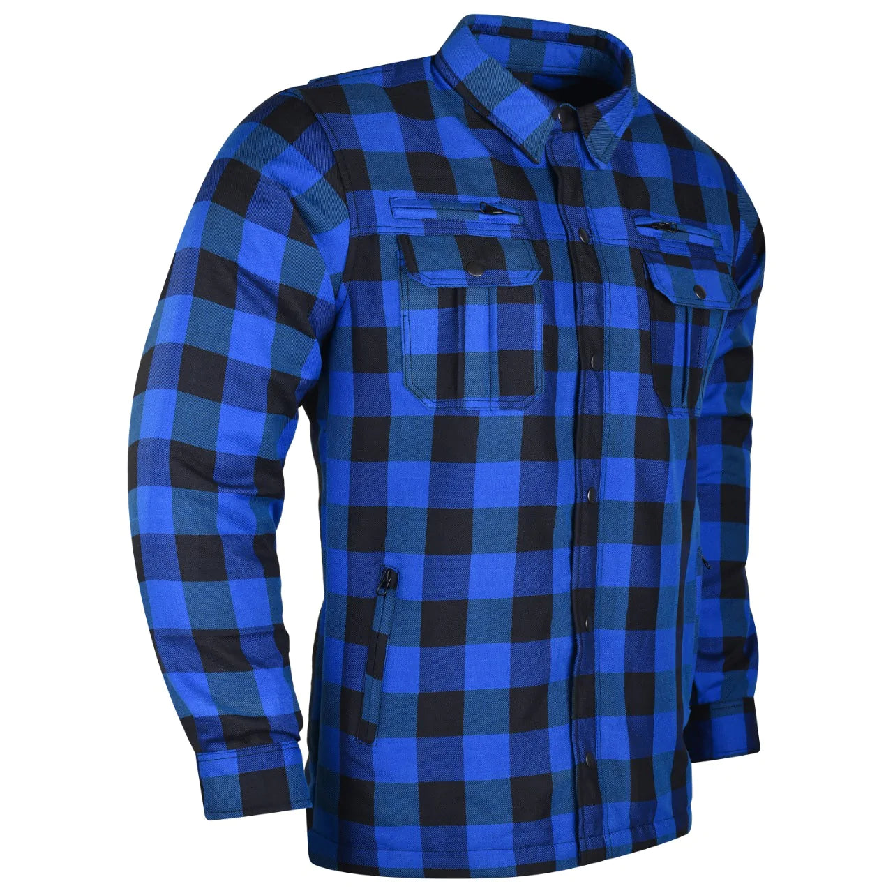 A blue and black checkered durable cotton flannel long-sleeve Vance Leather Riding Shirt with Waterproof Zippers & Optional C.E. Armor with buttoned chest pockets.