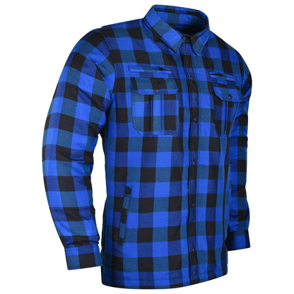 A blue and black checkered durable cotton flannel long-sleeve Vance Leather Riding Shirt with Waterproof Zippers & Optional C.E. Armor with buttoned chest pockets.