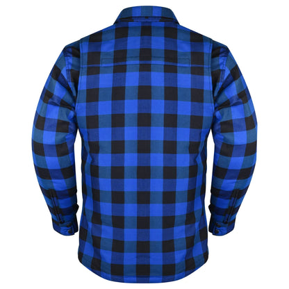 A back view of a Vance Leather Riding Shirt with Waterproof Zippers & Optional C.E. Armor, featuring a collar, buttoned cuffs, and made from durable cotton flannel.