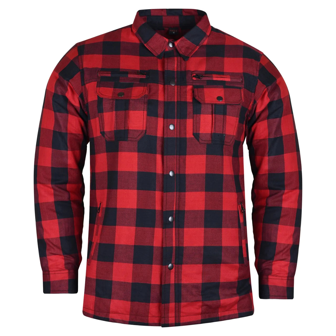 A Vance Leather riding shirt featuring red and black plaid flannel, long sleeves, a button-down front, buttoned pockets, waterproof zippers, and optional CE approved armor for enhanced protection.
