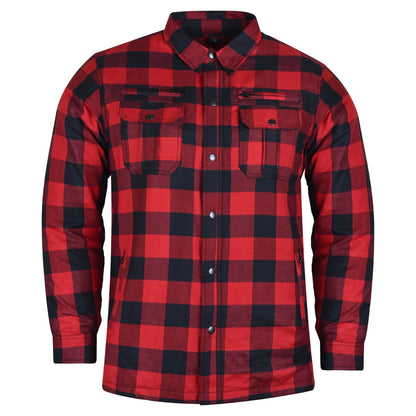 A Vance Leather riding shirt featuring red and black plaid flannel, long sleeves, a button-down front, buttoned pockets, waterproof zippers, and optional CE approved armor for enhanced protection.