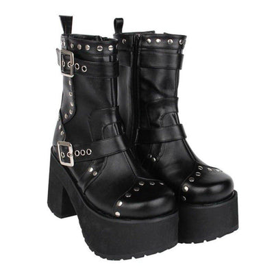 Women's Buckle Straps Studded High Heel Boots - American Legend Rider