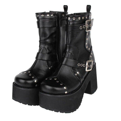 Women's Buckle Straps Studded High Heel Boots - American Legend Rider