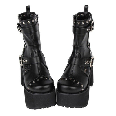 Women's Buckle Straps Studded High Heel Boots - American Legend Rider