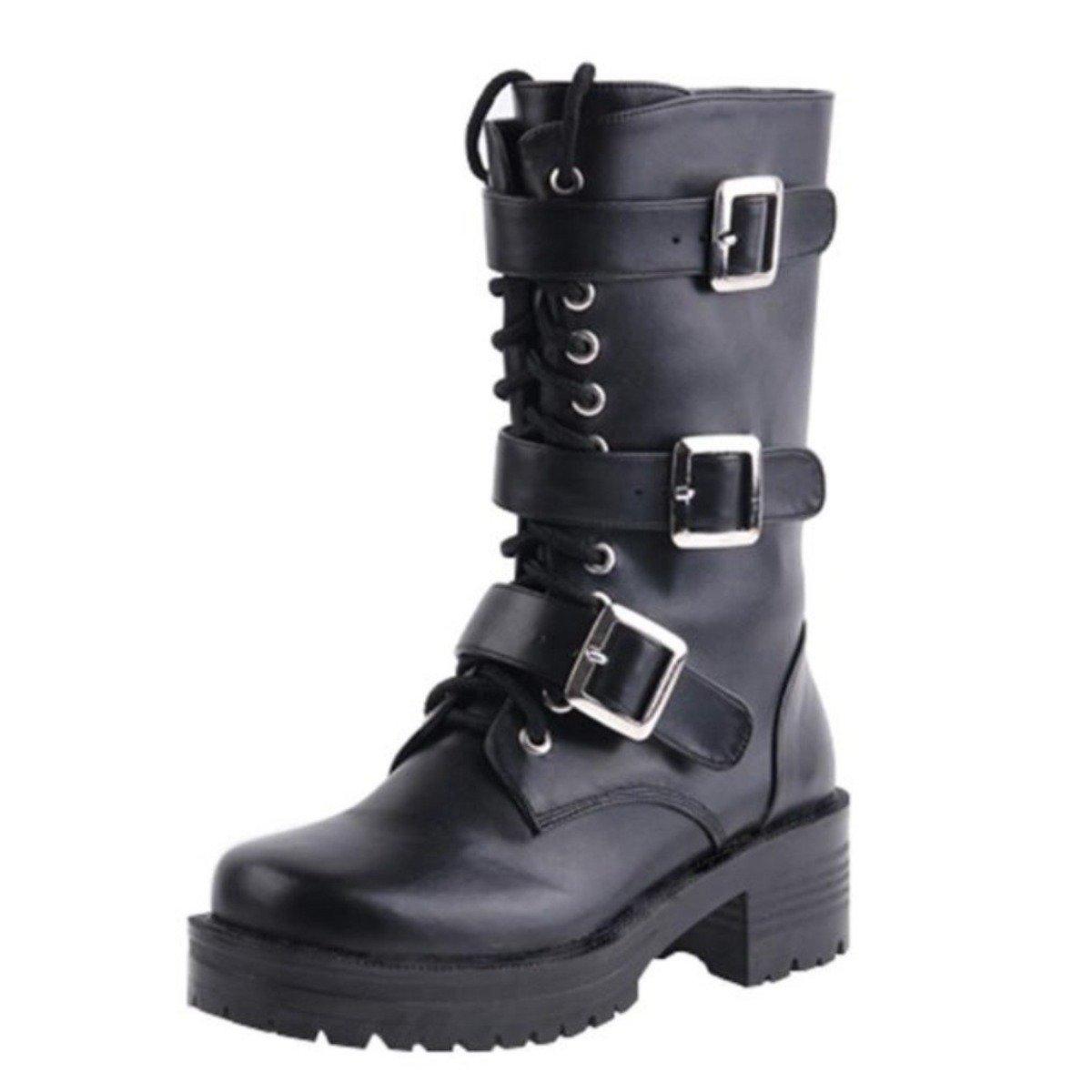 Women's Punk Lace-Up Buckle Straps Mid-Calf Boots - American Legend Rider