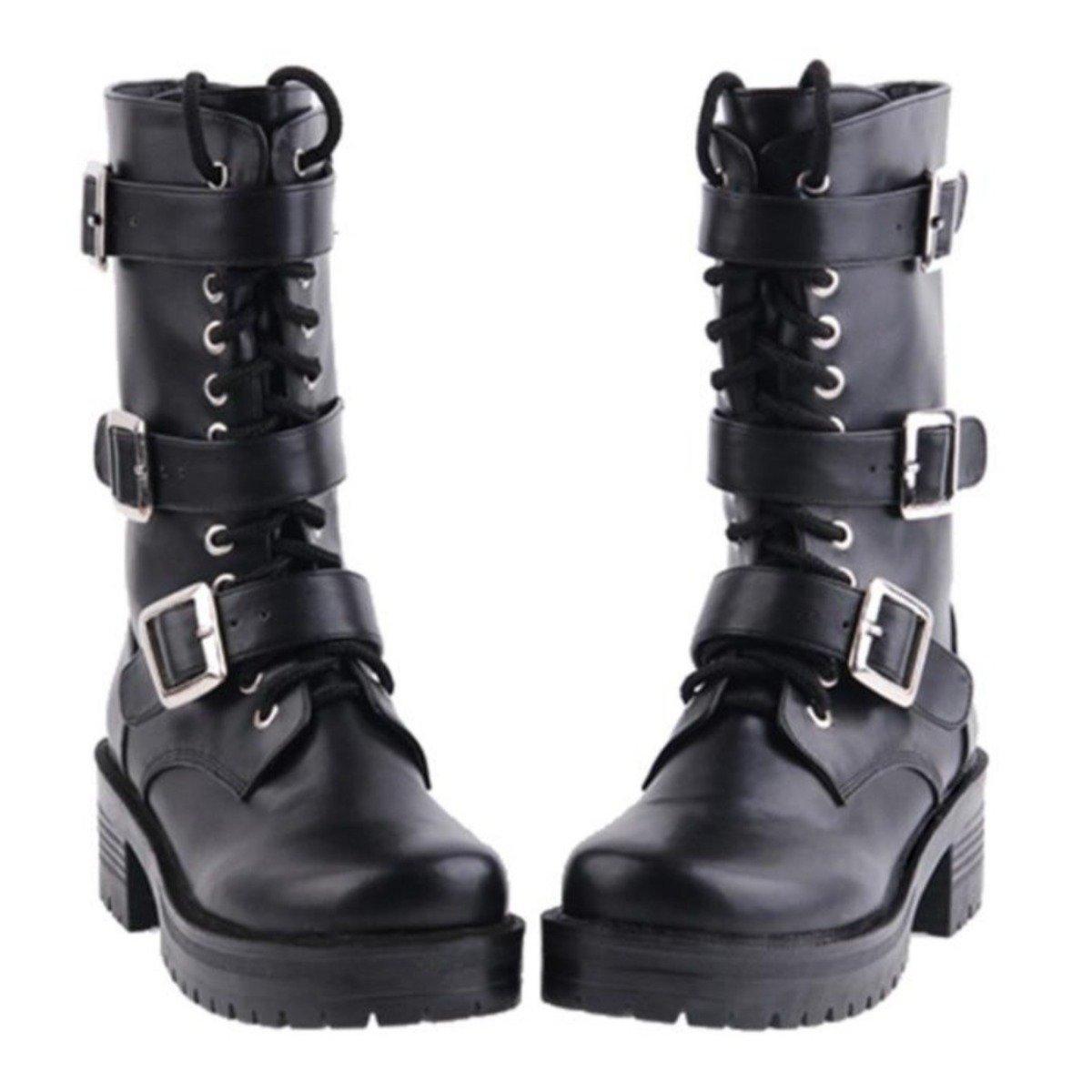 Women's Punk Lace-Up Buckle Straps Mid-Calf Boots | American
