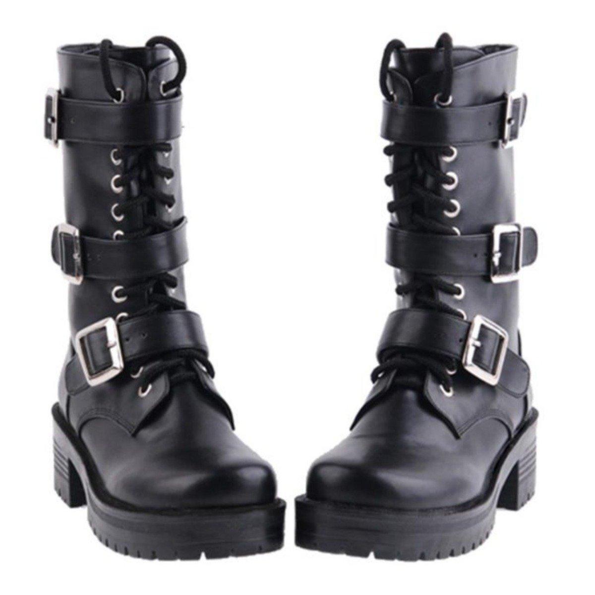 Women's Punk Lace-Up Buckle Straps Mid-Calf Boots - American Legend Rider