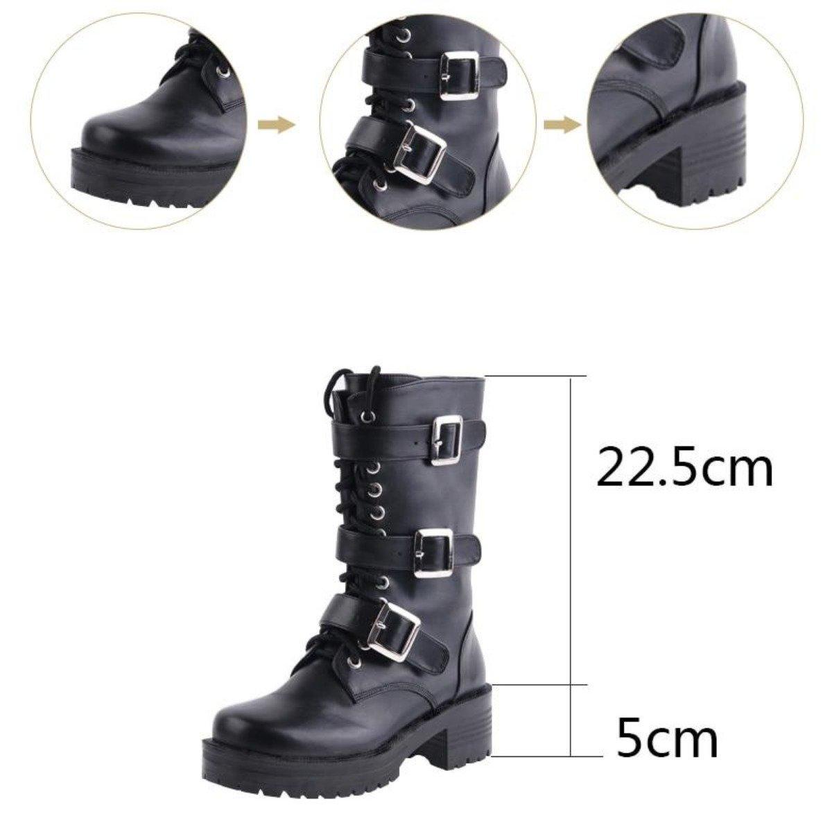 Women's Punk Lace-Up Buckle Straps Mid-Calf Boots | American