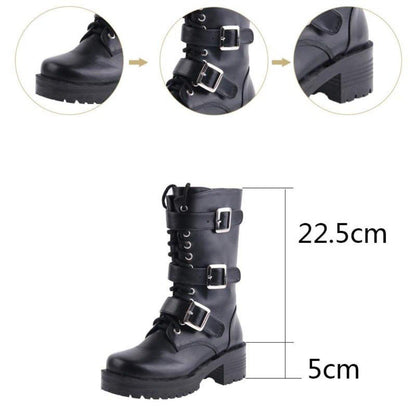 Women's Punk Lace-Up Buckle Straps Mid-Calf Boots - American Legend Rider