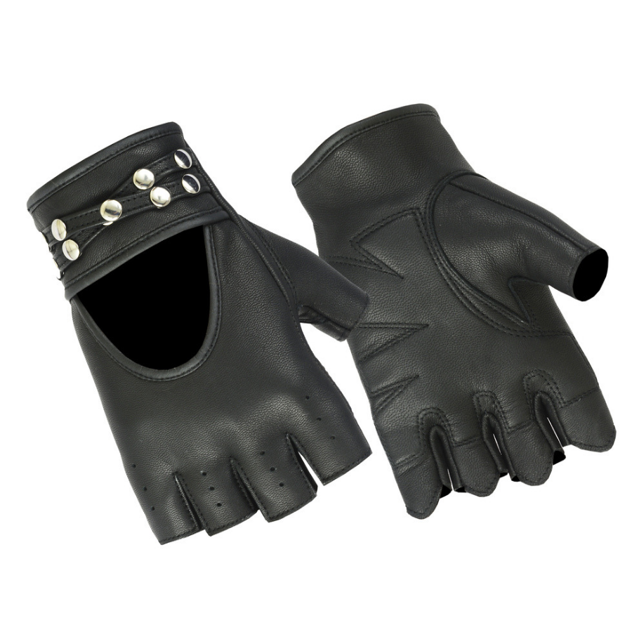 Daniel Smart Women's Fingerless Gloves w/ Rivets Detailing, Leather, Black - American Legend Rider