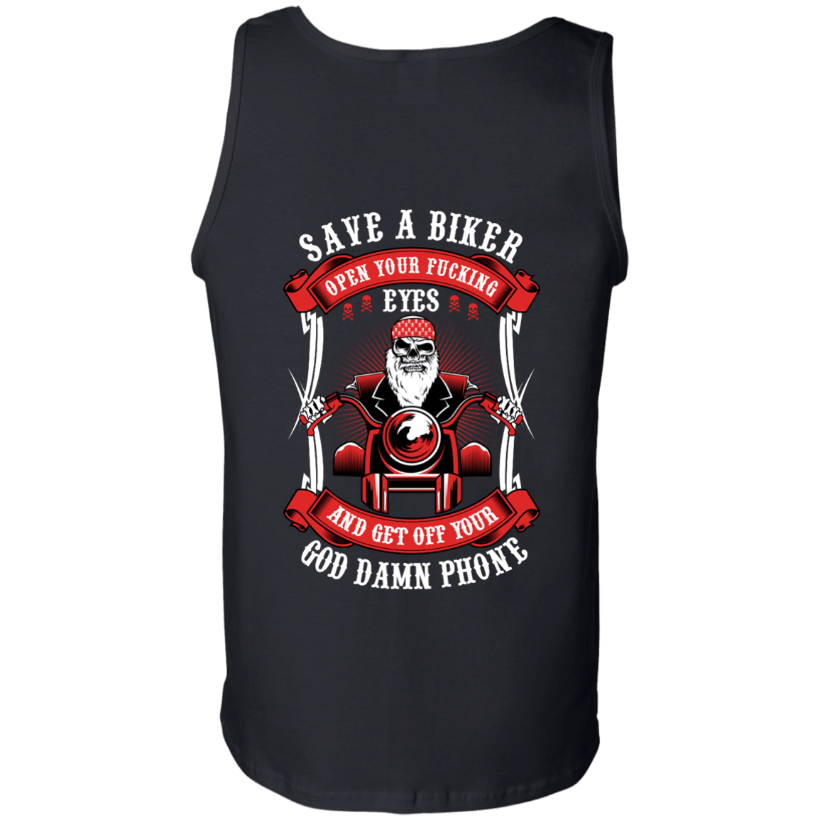 Open Your Fucking Eyes T-shirt & Hoodies featuring a digital print of a biker with text: "Save a biker, open your fucking eyes and get off your god damn phone.