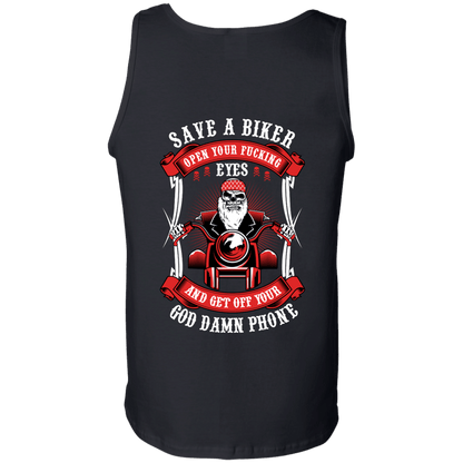 Open Your Fucking Eyes T-shirt & Hoodies featuring a digital print of a biker with text: "Save a biker, open your fucking eyes and get off your god damn phone.