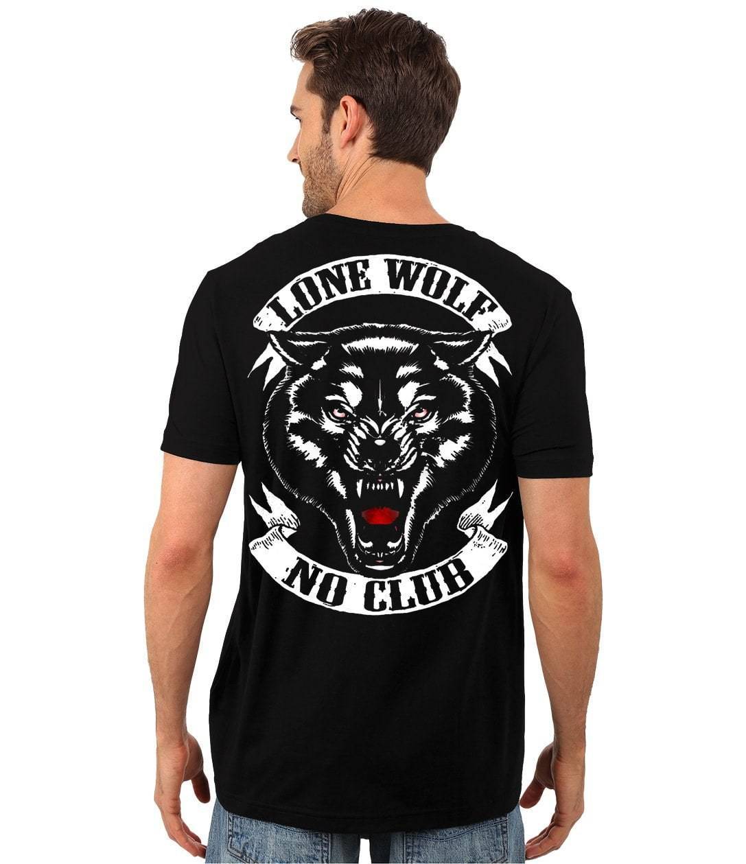 A man wearing a Lone Wolf, No Club T-shirt.