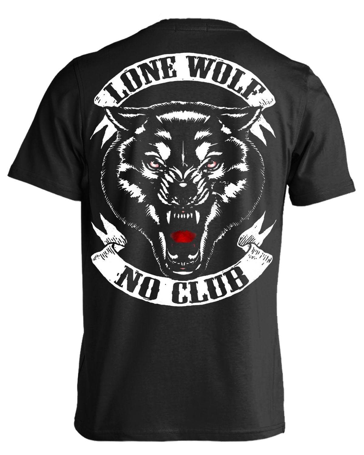 A black Lone Wolf, No Club T-Shirt.