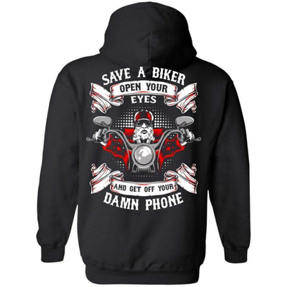 The Save A Biker Open Your Eyes And Get Off Your Damn Phone Hoodie, made from a soft cotton/polyester blend in black, showcases a vibrant digital print on the back depicting a skeleton riding a motorcycle along with the text, "Save a Biker, Open Your Eyes and Get Off Your Damn Phone.