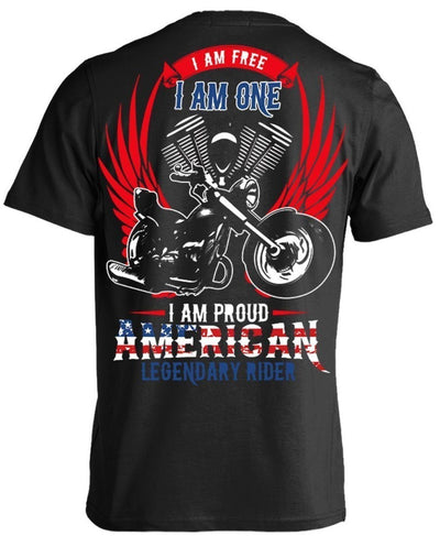 Show off your American pride with the I Am Free, I Am One, I Am Proud American Legendary Rider T-Shirt, a heavyweight tee featuring a digital print of a proud American motorcycle rider. Made from high-quality cotton for ultimate comfort.