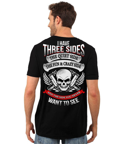 A black Three Sides T-shirt.