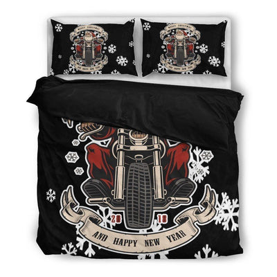Santa Biker Bedding Set (1 Duvet Cover, 2 Pillowcases), Polyester, Size Twin-Queen-King, Black, Black Colored, White, White Colored - American Legend Rider