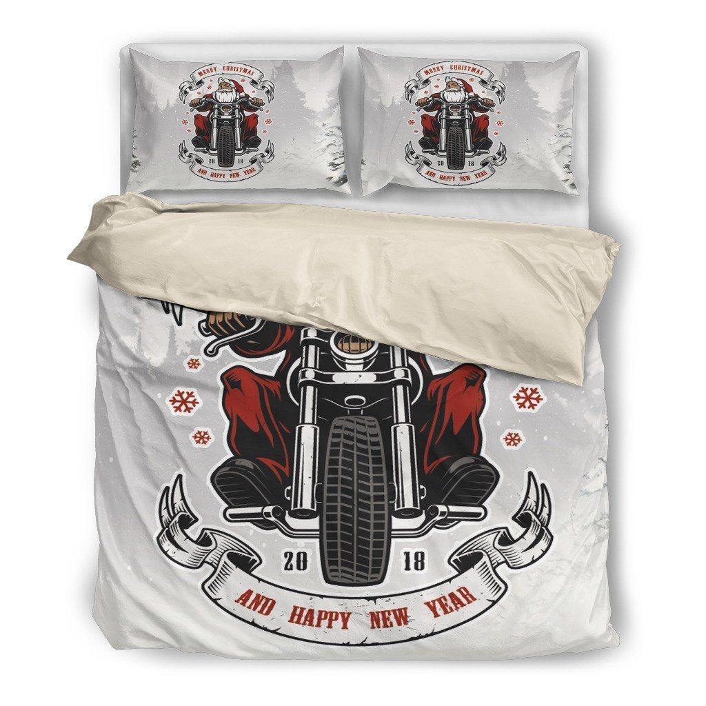 Santa Biker Bedding Set (1 Duvet Cover, 2 Pillowcases), Polyester, Size Twin-Queen-King, Black, Black Colored, White, White Colored - American Legend Rider