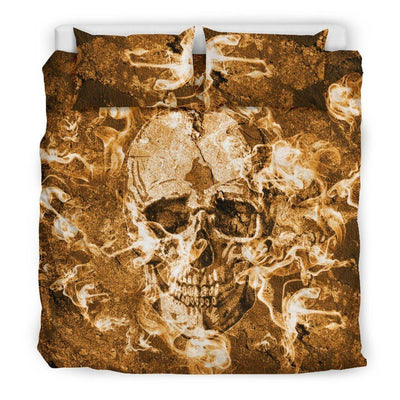 Burning Skull Bedding Set (1 Duvet Cover, 2 Pillowcases), Brushed Polyester, Gold/Brown - American Legend Rider