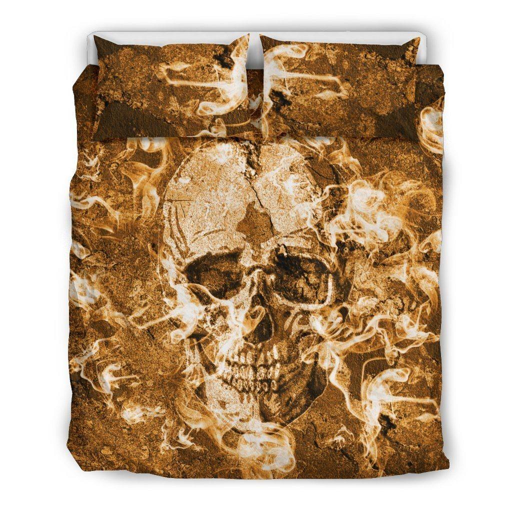 Burning Skull Bedding Set (1 Duvet Cover, 2 Pillowcases), Brushed Polyester, Gold/Brown - American Legend Rider