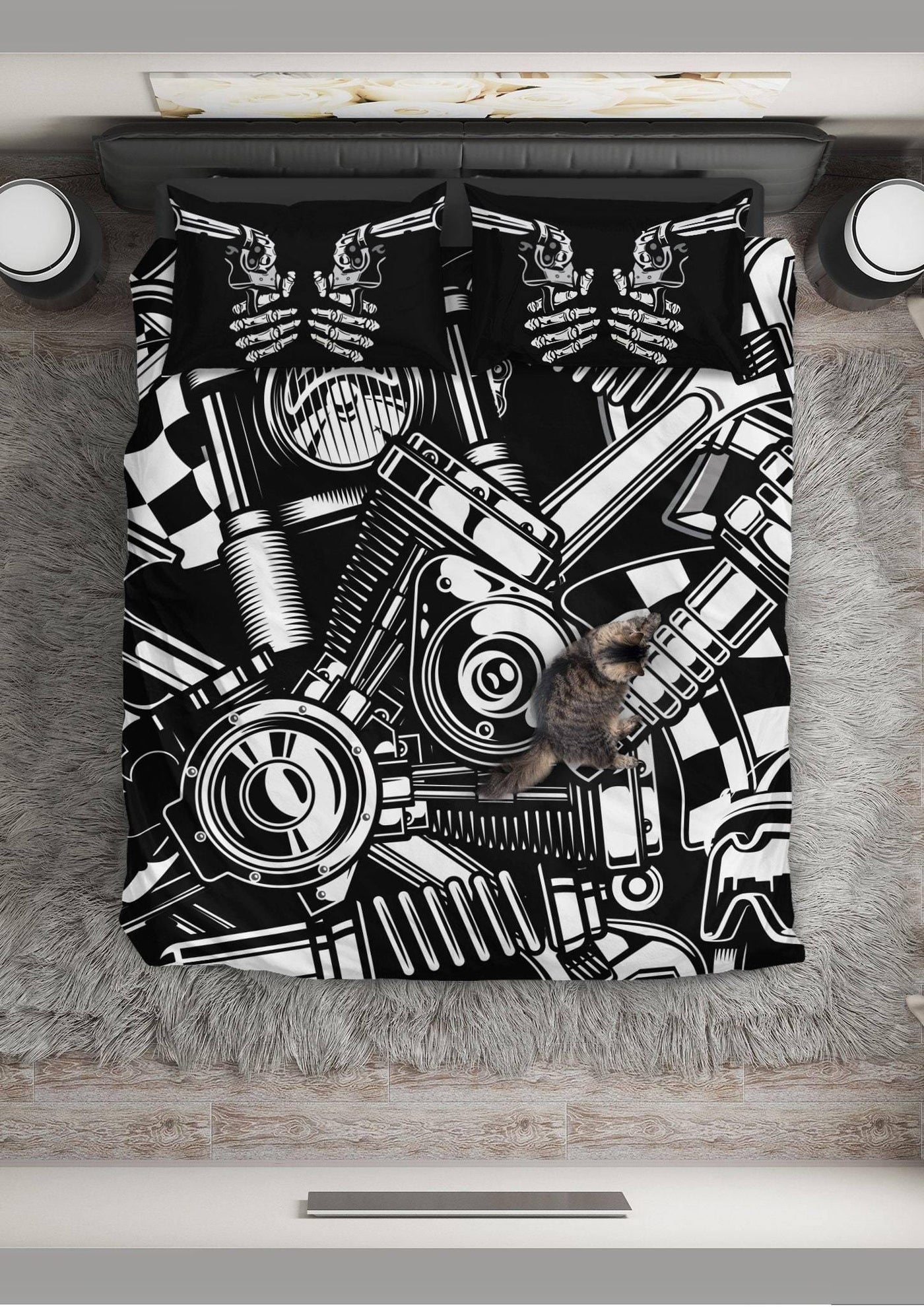 Biker Tools Bedding Set (1 Duvet Cover, 2 Pillowcases), Polyester, Size Twin-Queen-King, Black/White - American Legend Rider