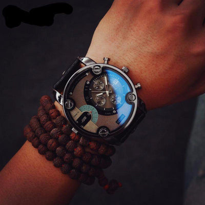A person wearing a Badass Transparent Watch, Stainless Steel Case, Leather Band with a blue dial.