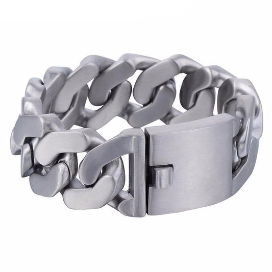 This men's bracelet, the Stainless Steel Heavy Thick Chain Bracelet, features a wide clasp and is crafted from rust-resistant stainless steel in a silver color with a 1-inch width and 0.2-inch thickness, making it both stylish and durable.