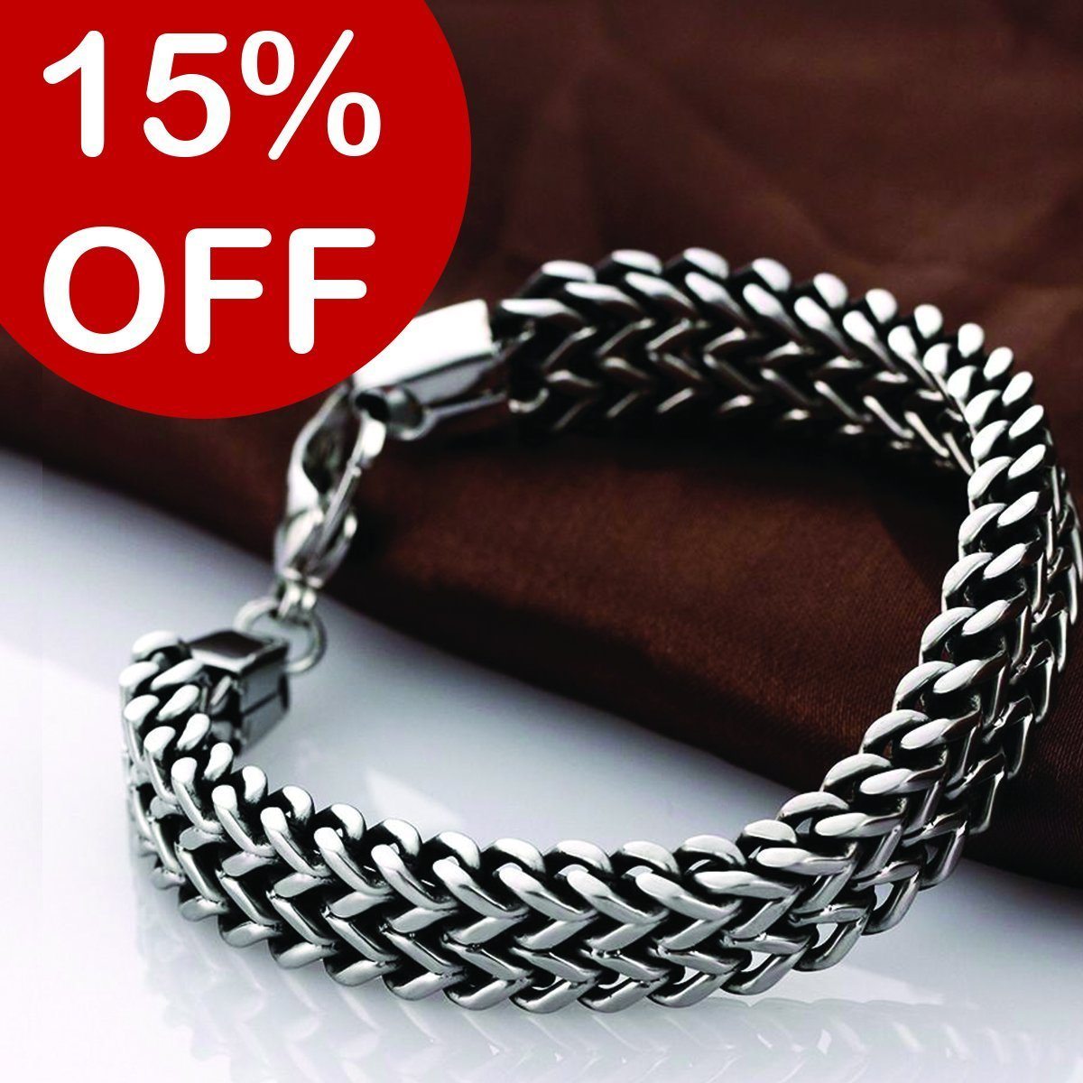 A Stainless Steel Double Side Snake Chain Bracelet with the words 15 % off on it.